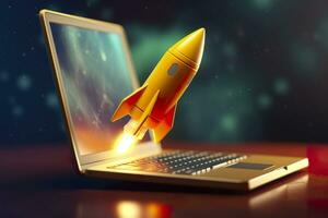 Launching a new product or service. Technology development process. Space rocket launch. 3d render. Yellow rocket lift up from the display laptop. AI Generative photo