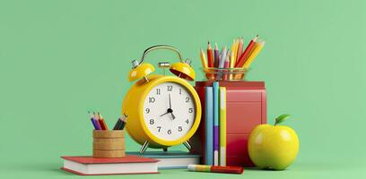 Pop art illustration of School accessories with apples, books, and an alarm clock on the School background. Back to school concept. 3D Rendering, AI Generative photo