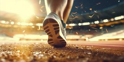 Runner feet running on a stadium, closeup on feet, sports background, space for copy, AI Generative photo