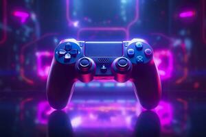 Video game controller with bright neon light streaks. Computer gamer background, 3D octane render. Game concept ideas.  AI Generative photo