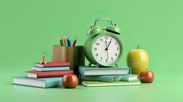 popular Arte ilustración de colegio accesorios con manzanas, libros, y un alarma reloj en el colegio antecedentes. espalda a colegio concepto. 3d representación, ai generativo foto