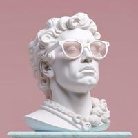 el cabeza de un blanco mitológico estatua con de moda rosado lentes en su ojos, marco en perfil. ai generativo foto