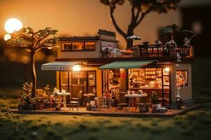 A charming and cozy coffee shop Set beside a busy highway with Warm and golden sunset light, and a Picturesque sunset view with vibrant colors. AI Generative photo