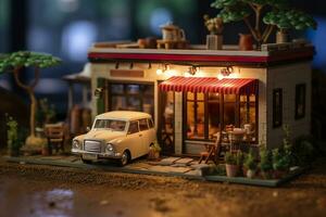 A charming and cozy coffee shop Set beside a busy highway with Warm and golden sunset light, and a Picturesque sunset view with vibrant colors. AI Generative photo