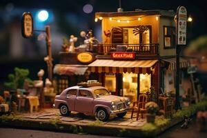 A charming and cozy coffee shop Set beside a busy highway with Warm and golden sunset light, and a Picturesque sunset view with vibrant colors. AI Generative photo
