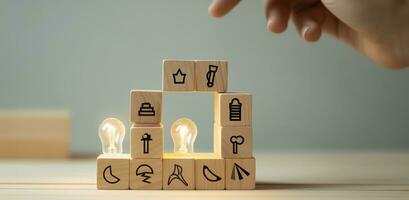 Creative idea, solution and innovation concept. Idea generation for business development. Wooden cube blocks with light bulb and cycle icons on clean background and copy space. AI Generative photo