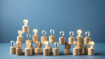 Many wooden cubes with people symbols and one with a lightbulb symbol on blue background. AI Generative photo