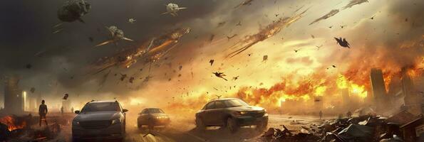 cars World collapse, doomsday scene, digital painting, digital illustration. AI Generative photo