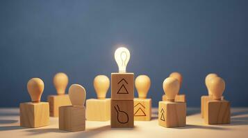 Many wooden cubes with people symbols and one with a lightbulb symbol on blue background. AI Generative photo