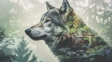 An alpha wolf and the spectacular colorful nature and green forest, clean sharp focus, on white background, double exposure photography. AI Generative photo