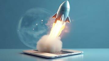 A small rocket takes off from a Laptop with vibrant color combinations in light sky blue and light gray colors for a website, business, and financial success concepts.  AI Generative photo