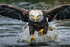 Fishing Bald Eagle, a bald eagle facing camera catches a fish out of the water, in the style of National Geographic contest winner, super telephoto close up. AI Generative photo