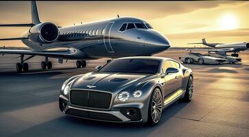 Super car and private jet on landing strip. Business class service at the airport. Business class transfer. Airport shuttle, AI Generative photo