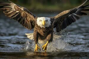 Fishing Bald Eagle, a bald eagle facing camera catches a fish out of the water, in the style of National Geographic contest winner, super telephoto close up. AI Generative photo