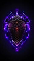 Amethyst 3D Minimalist Shield Design with a black or dark background with neon lines. AI Generative photo