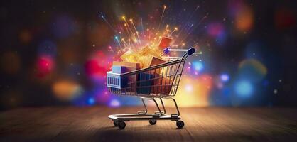 E-Commerce Shopping Cart with Multiple Products. A Sunlit Abstract Background. E-commerce concept. AI Generative photo