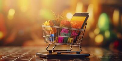 E-Commerce Shopping Cart with Multiple Products. A Sunlit Abstract Background. E-commerce concept. AI Generative photo