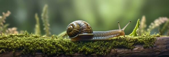 A Journey Through the Forest. Close-up of a Snail in the Forest with Natural Background. AI Generative photo