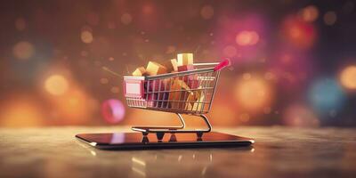 E-Commerce Shopping Cart with Multiple Products. A Sunlit Abstract Background. E-commerce concept. AI Generative photo