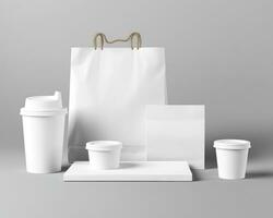 Blank bag, coffee mug, and cup on a light background. Generative AI photo