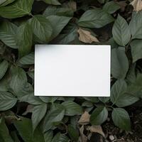 Blank business card on green leaves background. Generative AI photo