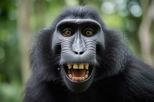 Celebes crested macaque with open mouth. Close up on the green natural background. Generative AI photo