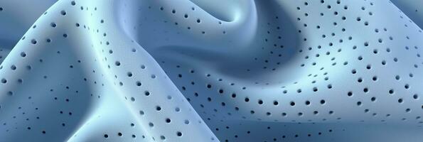 Breathable fabric dry light blue soft mesh holes floating light blue background. Generative AI photo