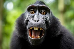 Celebes crested macaque with open mouth. Close up on the green natural background. Generative AI photo