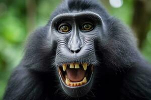 Celebes crested macaque with open mouth. Close up on the green natural background. Generative AI photo