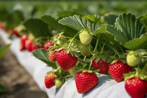 Bush of ripe organic strawberries in the garden. Berry closeup. Generative AI photo