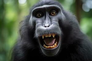 Celebes crested macaque with open mouth. Close up on the green natural background. Generative AI photo