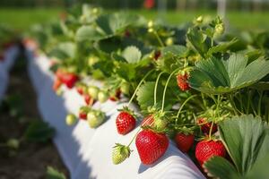 Bush of ripe organic strawberries in the garden. Berry closeup. Generative AI photo