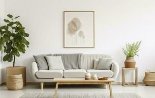 Boho open space interior in a cozy apartment with a design. Generative AI photo