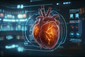 A GUI hologram of a futuristic human heart, holographic sci-fi interface, data lines, scales, and charts, cinematic, AI Generative photo