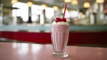 Cherry Milkshake in a Classic American Diner.  food photography concept. Generative AI photo