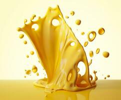 Cheese sauce splashing in the air with cheddar cheese, 3d rendering. Generative AI photo