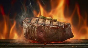 Beef steak on the grill with smoke and flames. AI Generative photo