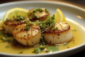 Closeup of pan seared diver scallops with lemon beurre blanc. Generative AI photo