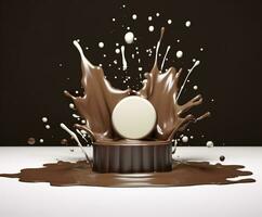 Chocolate splash with a podium, mockup background for milk product display, 3d. Generative AI photo