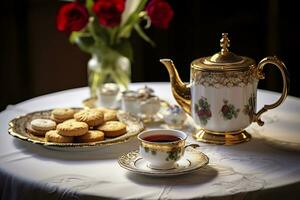 Classical served tea table with biscuits. Generative AI photo