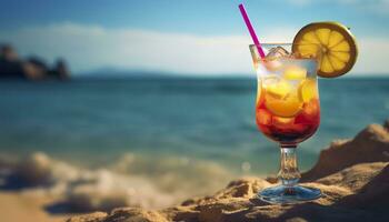 cóctel vaso en el arenoso playa cerca el mar en verano tiempo. generativo ai foto