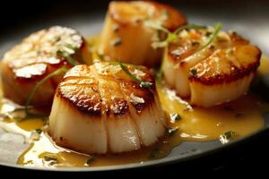 Closeup of pan seared diver scallops with lemon beurre blanc. Generative AI photo