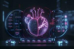 un gui holograma de un futurista humano corazón, holográfico ciencia ficción interfaz, datos líneas, escamas, y gráficos, cinematográfico, ai generativo foto