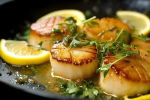 Closeup of pan seared diver scallops with lemon beurre blanc. Generative AI photo