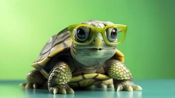 un linda pequeño verde Tortuga con anteojos, generar ai foto