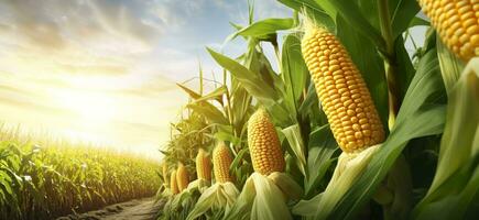 Closeup corn cobs in corn plantation field. Generative AI photo