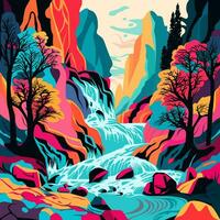 Mountain next to river with waterfall art. Nature view in psychedelic art vector illustration. Colorful background. Vector eps 10.
