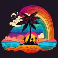 Beach with rainbow and palm tree art. Nature view in psychedelic art vector illustration. Colorful background. Vector eps 10.