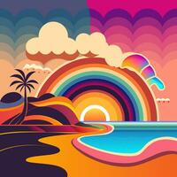 playa con arco iris y palma árbol Arte. naturaleza ver en psicodélico Arte vector ilustración. vistoso antecedentes. vector eps 10