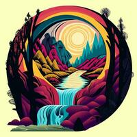 Mountain next to river with waterfall art. Nature view in psychedelic art vector illustration. Colorful background. Vector eps 10.